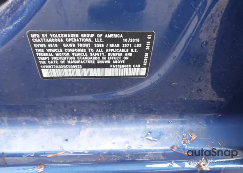 2016 Volkswagen Passat 1.8T Se z USA, uszkodzony, nr VIN 1VWBT7A32GC009922